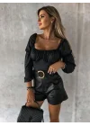 Kadın Uzun Kollu Kare Yaka Göğüs Büzgü Detay Sandy Bluz