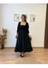 Kadın Uzun Kollu Kare Yakalı Gipeli Uzun Trikoton Elbise