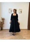 Kadın Uzun Kollu Kare Yakalı Gipeli Uzun Trikoton Elbise