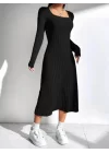 Kadın Uzun Kollu Kare Yakalı Midi şardonlu Kaşkorse Elbise