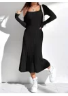Kadın Uzun Kollu Kare Yakalı Midi şardonlu Kaşkorse Elbise