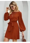 Kadın Uzun Kollu Kayık Yaka Belden Kuşaklı Kısa Ithal Krep Elbise