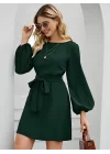 Kadın Uzun Kollu Kayık Yaka Belden Kuşaklı Kısa Ithal Krep Elbise