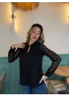 Kadın Uzun Kollu Kolları Dantelli Hakim Yaka Krep Bluz