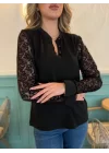 Kadın Uzun Kollu Kolları Dantelli Hakim Yaka Krep Bluz
