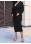 Kadın Uzun Kollu Kruvaze Yaka Belden Kuşaklı Midi Ithal Krep Elbise