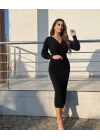 Kadın Uzun Kollu Kruvaze Yaka Büzgü Ve Balon Kol Detay Krep Kumaş Maxi Boy Elbise