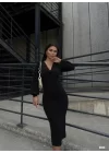 Kadın Uzun Kollu Kruvaze Yaka Büzgü Ve Balon Kol Detay Krep Kumaş Maxi Boy Elbise