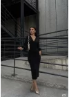 Kadın Uzun Kollu Kruvaze Yaka Büzgü Ve Balon Kol Detay Krep Kumaş Maxi Boy Elbise