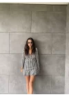 Kadın Uzun Kollu Kruvaze Yaka Kazayağı Mikro Mini Boy Elbise