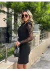 Kadın Uzun Kollu Kruvaze Yaka Kollar Tül Detay Krep Mini Boy Elbise