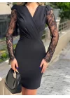 Kadın Uzun Kollu Kruvaze Yaka Kollar Tül Detay Krep Mini Boy Elbise