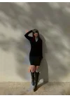 Kadın Uzun Kollu Kruvaze Yaka Krep Mini Boy Elbise