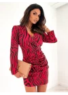 Kadın Uzun Kollu Kruvaze Yaka ön Kısım Büzgülü Zebra Desen Dalgıç Elbise