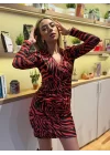 Kadın Uzun Kollu Kruvaze Yaka ön Kısım Büzgülü Zebra Desen Dalgıç Elbise