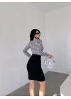 Kadın Uzun Kollu Kruvaze Yaka üst Kazayağı Desen Düğme Detaylı Dalgıç Elbise