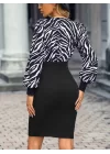 Kadın Uzun Kollu Kruvaze Yakalı Zebra Desenli Kısa Krep Elbise