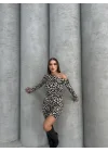 Kadın Uzun Kollu Leopar Desen Omuz Dekolteli Mini Elbise