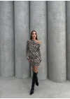 Kadın Uzun Kollu Leopar Desen Omuz Dekolteli Mini Elbise