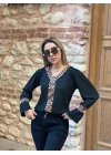 Kadın Uzun Kollu Leopar V Yakalı Krep Bluz