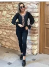 Kadın Uzun Kollu Leopar V Yakalı Krep Bluz