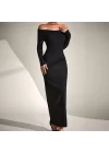 Kadın Uzun Kollu Madonna Yaka Bürümcük Kumaş Maxi Boy Elbise