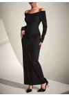 Kadın Uzun Kollu Madonna Yaka Bürümcük Kumaş Maxi Boy Elbise