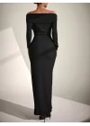 Kadın Uzun Kollu Madonna Yaka Bürümcük Kumaş Maxi Boy Elbise