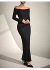 Kadın Uzun Kollu Madonna Yaka Bürümcük Kumaş Maxi Boy Elbise