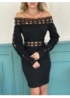 Kadın Uzun Kollu Madonna Yaka Kol Yaka Bel Dantel Detay şardonlu Dalgıç Elbise