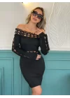 Kadın Uzun Kollu Madonna Yaka Kol Yaka Bel Dantel Detay şardonlu Dalgıç Elbise