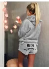 Kadın Uzun Kollu Meow Kedi Nakışlı Kapşonlu Peluş Sweat Ve Short Ikili Takım