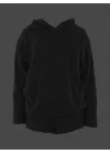 Kadın Uzun Kollu Meow Kedi Nakışlı Kapşonlu Peluş Sweat Ve Short Ikili Takım