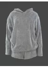 Kadın Uzun Kollu Meow Kedi Nakışlı Kapşonlu Peluş Sweat Ve Short Ikili Takım