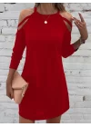 Kadın Uzun Kollu Omuz Açık Askı Detay Viskon Mini Boy Elbise