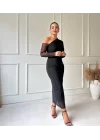Kadın Uzun Kollu Omuz Dekolteli Içi Astarli Midi Boy Tül Elbise
