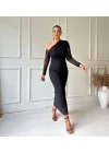 Kadın Uzun Kollu Omuz Dekolteli Içi Astarli Midi Boy Tül Elbise