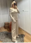Kadın Uzun Kollu Omuzlardan Açık Asimetrik Kesim Kaşkorse Bluz Ve Pantolon Ikili Pantolon