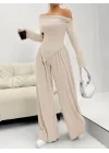 Kadın Uzun Kollu Omuzlardan Açık Asimetrik Kesim Kaşkorse Bluz Ve Pantolon Ikili Pantolon