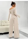 Kadın Uzun Kollu Omuzlardan Açık Asimetrik Kesim Kaşkorse Bluz Ve Pantolon Ikili Pantolon