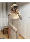 Kadın Uzun Kollu Omuzlardan Açık Asimetrik Kesim Kaşkorse Bluz Ve Pantolon Ikili Pantolon