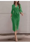 Kadın Uzun Kollu önden Düğmeli Beli Kuşaklı Aerobin Midi Elbise