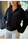 Kadın Uzun Kollu önden Fermuarlı Cepli Peluş Sweat