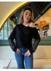 Kadın Uzun Kollu Tek Omuzu Açık Askılı Toka Ve Dantel Detay Viskon Iki Iplik Bluz