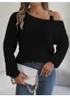 Kadın Uzun Kollu Tek Omuzu Açık Tokalı Triko Bluz