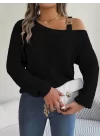 Kadın Uzun Kollu Tek Omuzu Açık Tokalı Triko Bluz