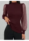 Kadın Uzun Kollu Tül Detaylı Yarım Balıkçı Yaka Kaşkorse Bluz