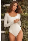Kadın Beyaz U Yaka Uzun Kollu Tanga Kesim Sandy Kumaş Bodysuit