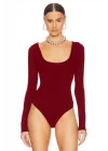 Kadın Bordo U Yaka Uzun Kollu Çift Katlı Tanga Kesim Sandy Kumaş Bodysuit