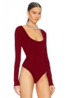 Kadın Bordo U Yaka Uzun Kollu Çift Katlı Tanga Kesim Sandy Kumaş Bodysuit